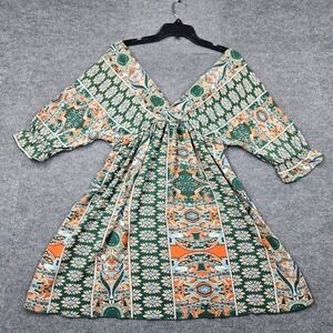 Elings Green Paisley Floral V-Neck Mini Dress Boho Ruffle Sleeve Viscose Small